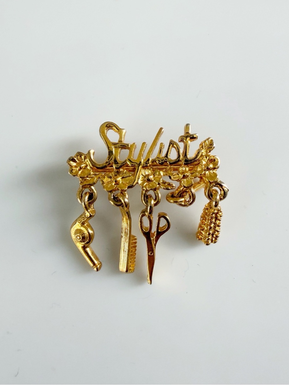 Vintage Hair Stylist Gold Tone Dangle Brooch Pin